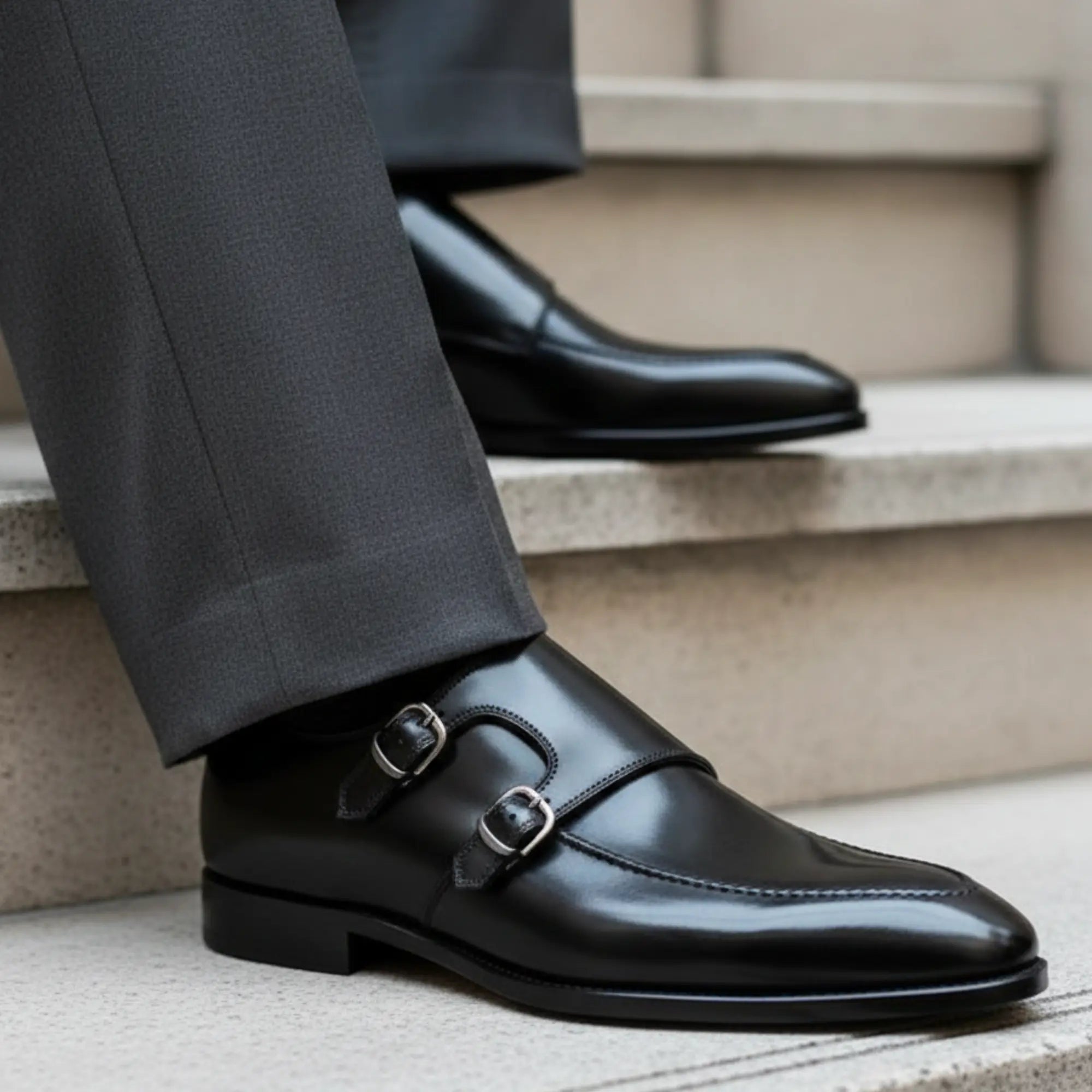 Black leather double monk strap shoes worn with grey tailored trousers