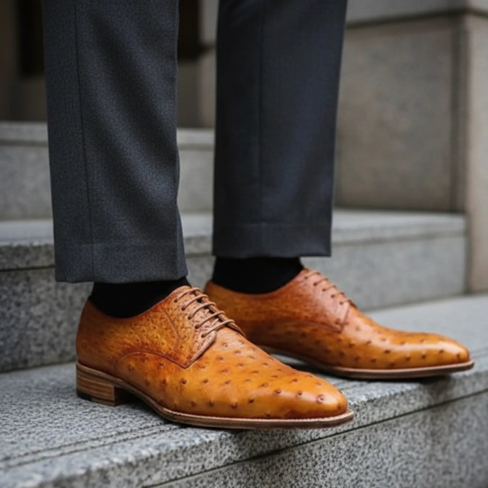 Tan ostrich-embossed leather derby shoes, a warm brown pairing option