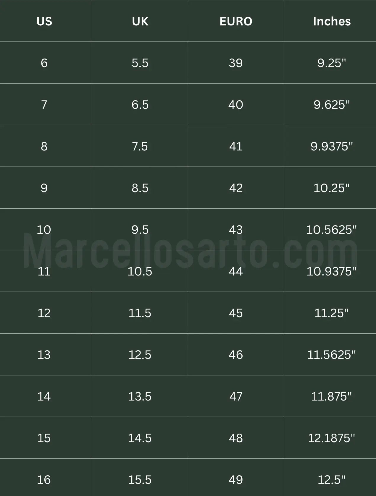 Men's shoe size conversion chart showing US, UK, Euro, and inch measurements