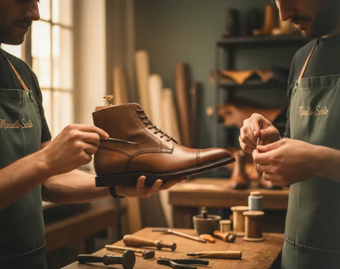 Artisans hand-stitching and finishing a leather boot in a workshop