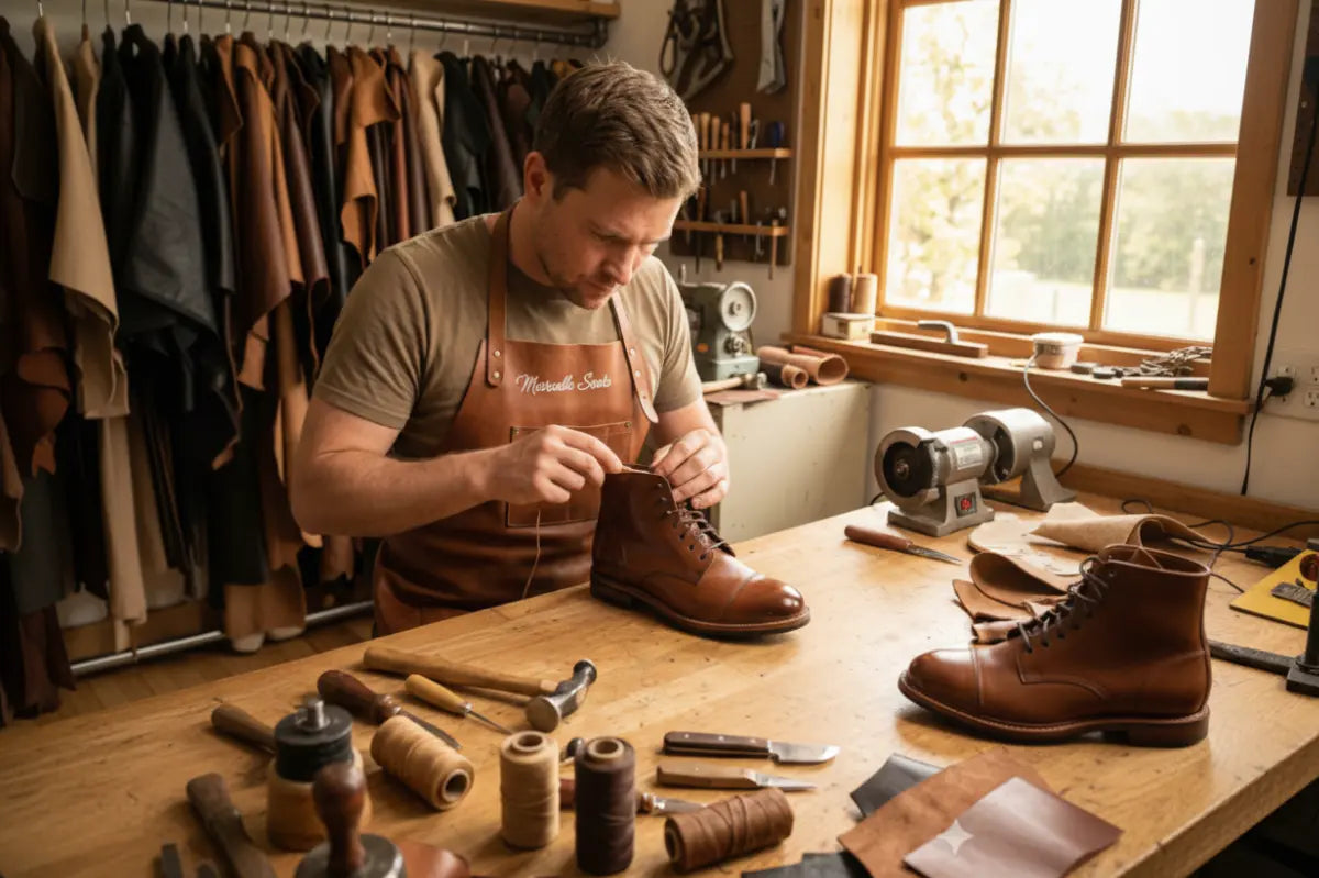 Artisan hand-crafting a leather shoe in a workshop, shoe construction process