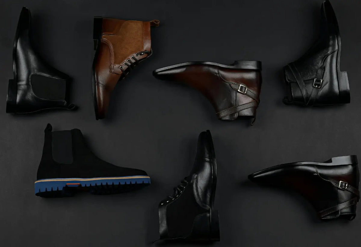 Collection of handmade leather shoes and boots in various styles and colors