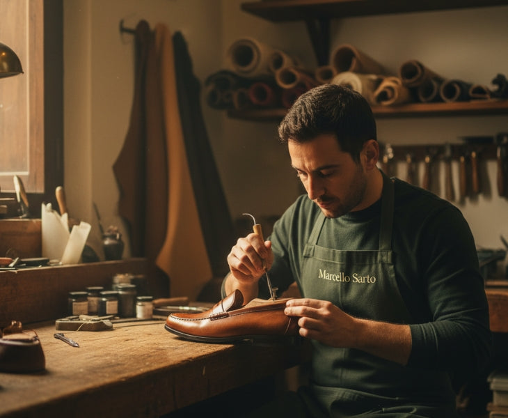 Craftsman hand-stitching a brown leather loafer in the Marcello Sarto workshop