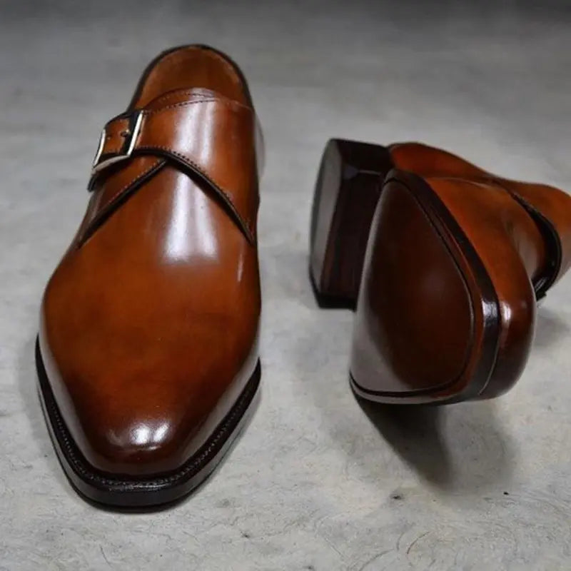 Brown patina single monk strap shoes, handmade with hand-painted finish