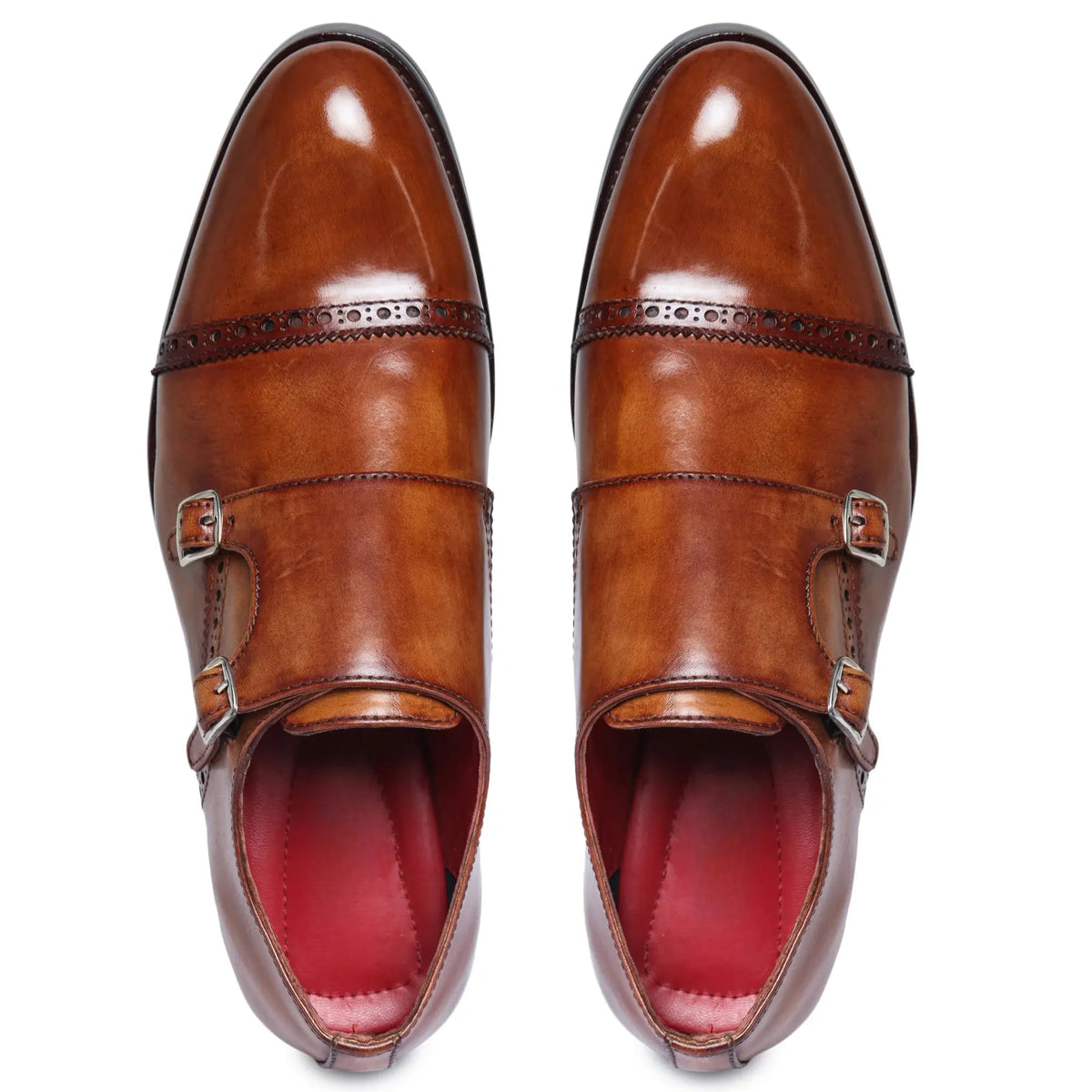 Full grain leather dress shoes in brown double monk strap style