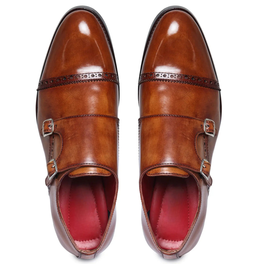 Full grain leather dress shoes in brown double monk strap style