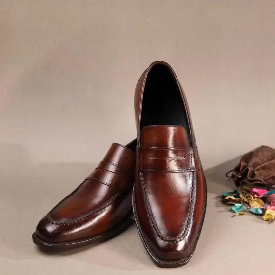 Brown patina penny loafers, handmade with hand-painted finish