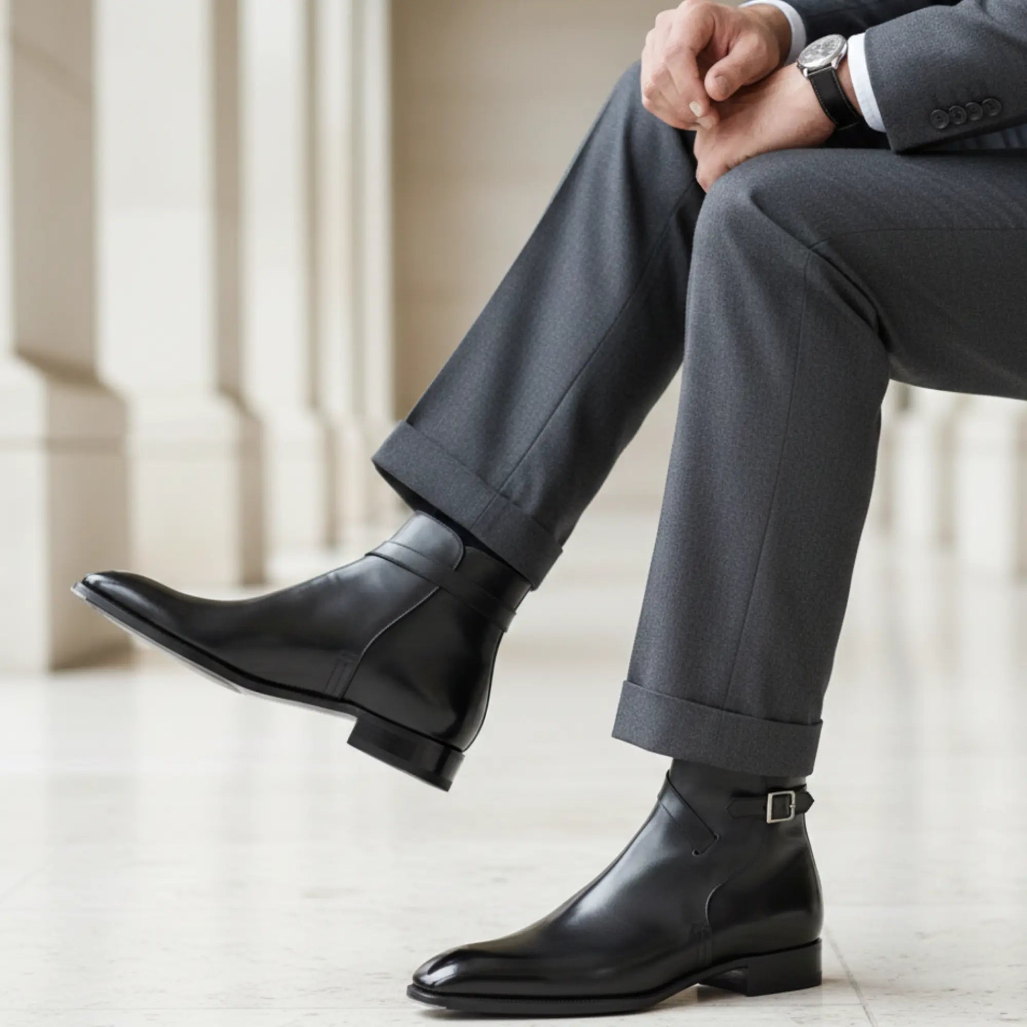 Black leather jodhpur boots, handmade with strap-and-buckle detail