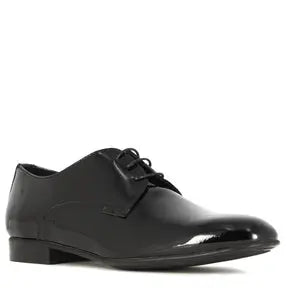 Shiny black leather derby shoes ready to be sized correctly