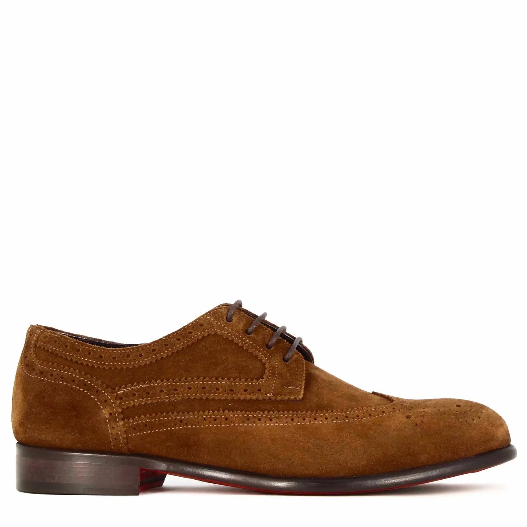 Brown suede wingtip derby shoes with brogue detailing, side view