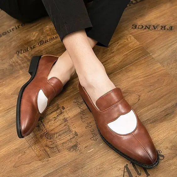 Brown and white leather penny loafers