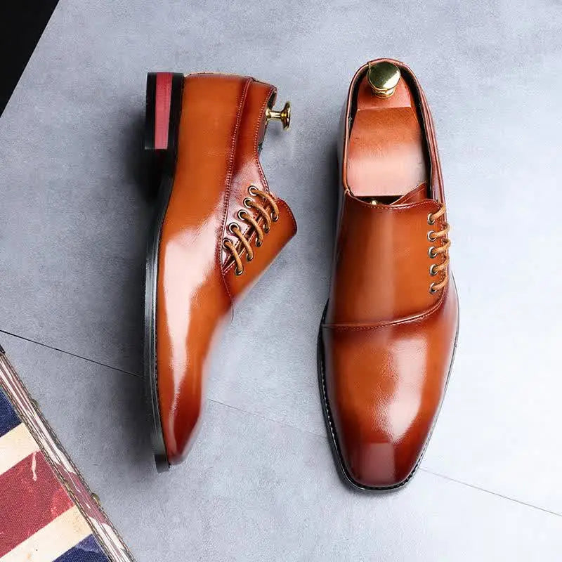 Tan brown patina leather dress shoes, handmade with hand-painted finish