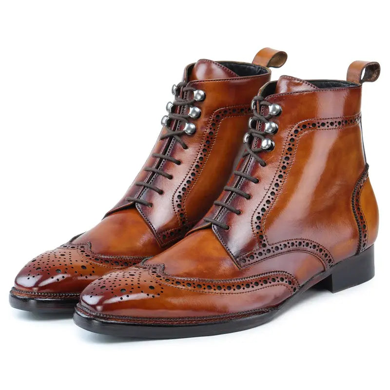 Tan full grain leather wingtip boots for men
