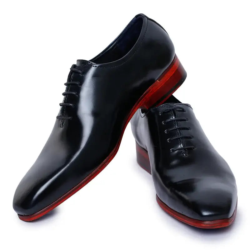 Black men’s leather business shoes with red sole, handcrafted formal dress shoes