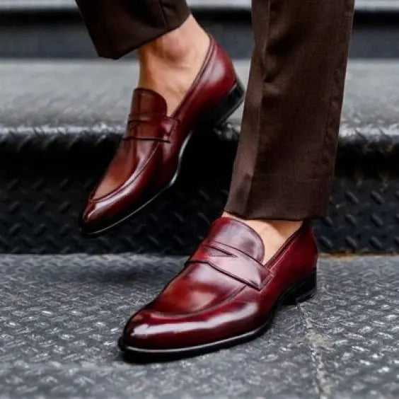 Ox-blood patina penny loafers, handmade in genuine leather