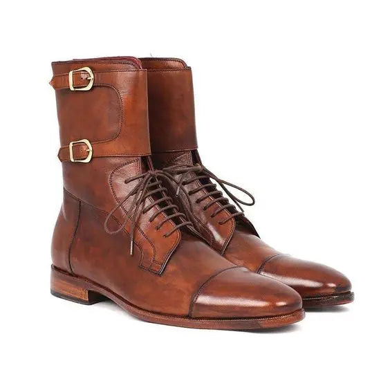 Brown leather double buckle military boots