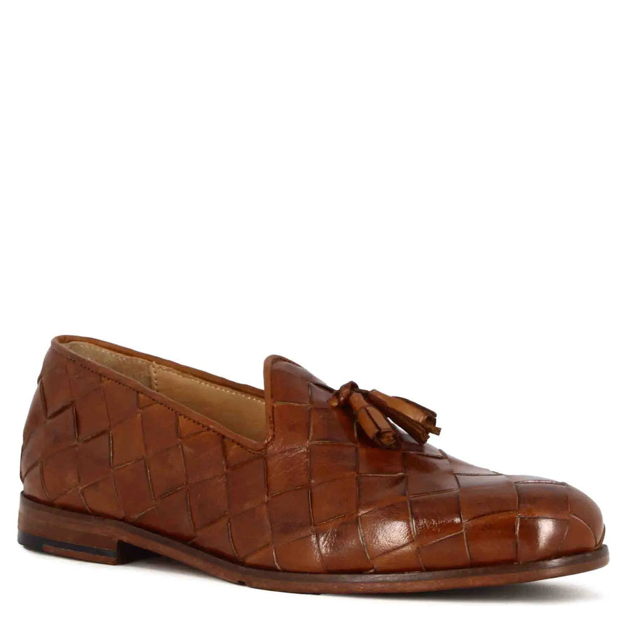 Light brown woven leather tassel loafers for men, Marcello Sarto product photo