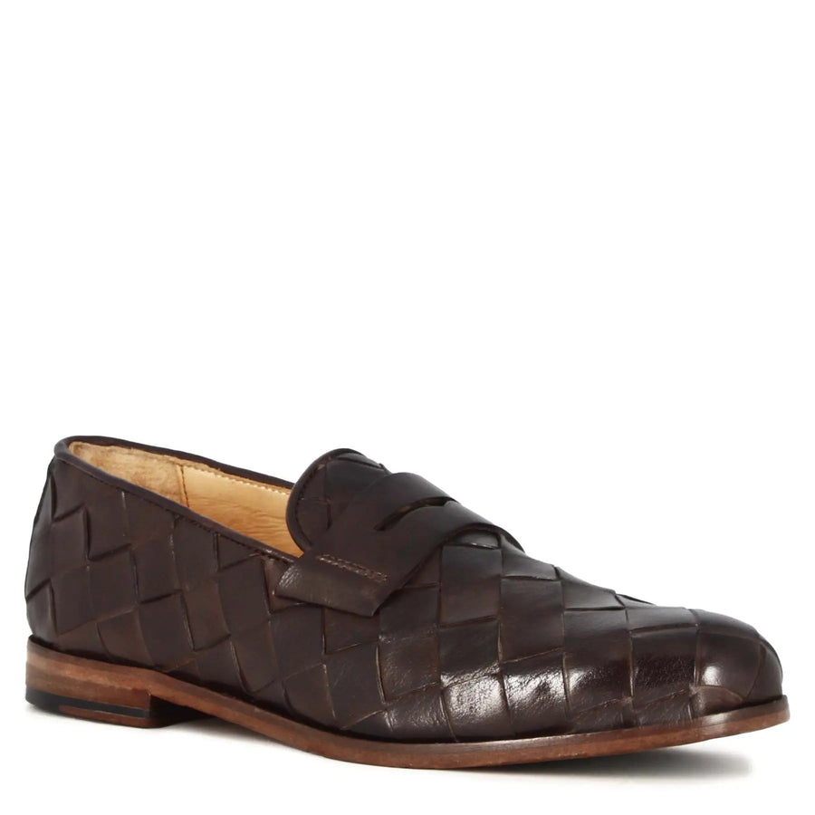 Dark brown woven leather vintage loafers for men, genuine Marcello Sarto product photograph