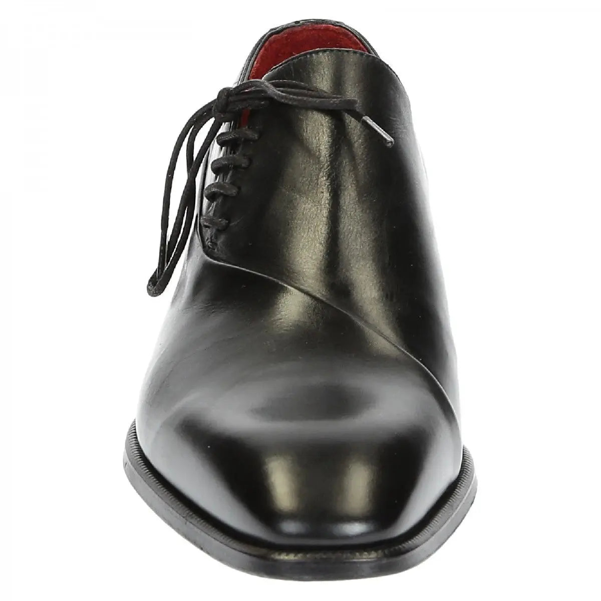 Black leather oxford shoe shown in full, straight side view