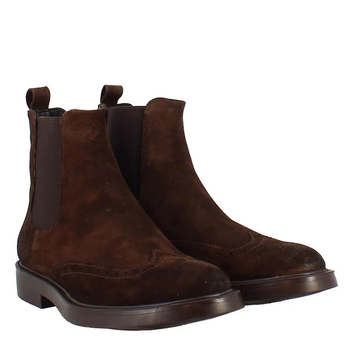 Dark brown suede Chelsea boots with wingtip brogue detailing