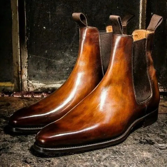 Brown patina leather Chelsea boots