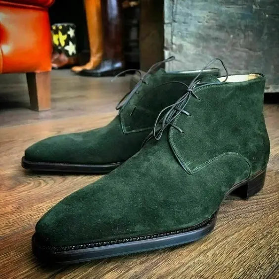 Forest green suede chukka boots, a bold suede color statement