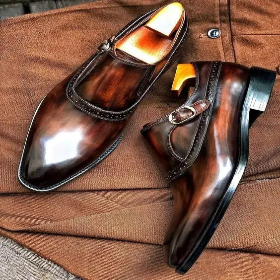 Brown patina monk style derby shoes
