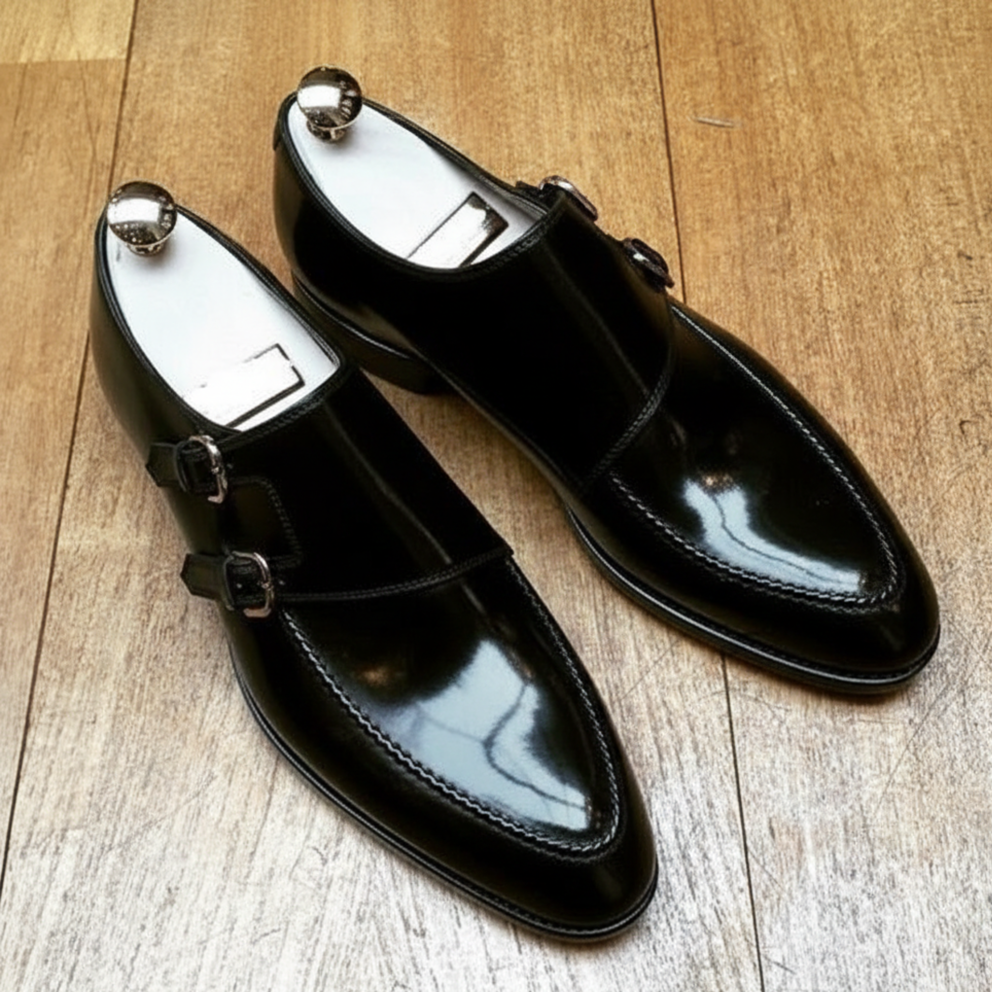 Men's Genuine Black Leather Double Monk Shoes