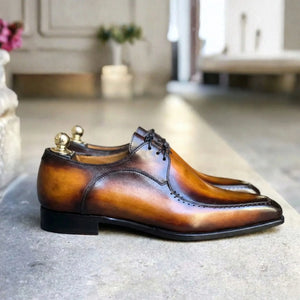 Tan Brown Patina Leather Derby Shoes for Men | Marcello Sarto
