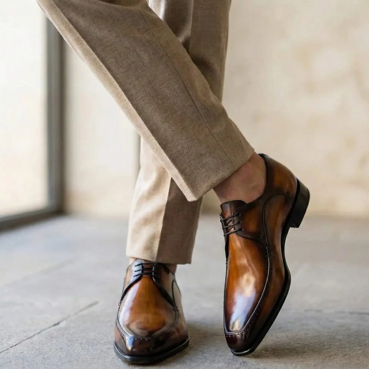 Tan Brown Patina Leather Derby Shoes for Men | Marcello Sarto