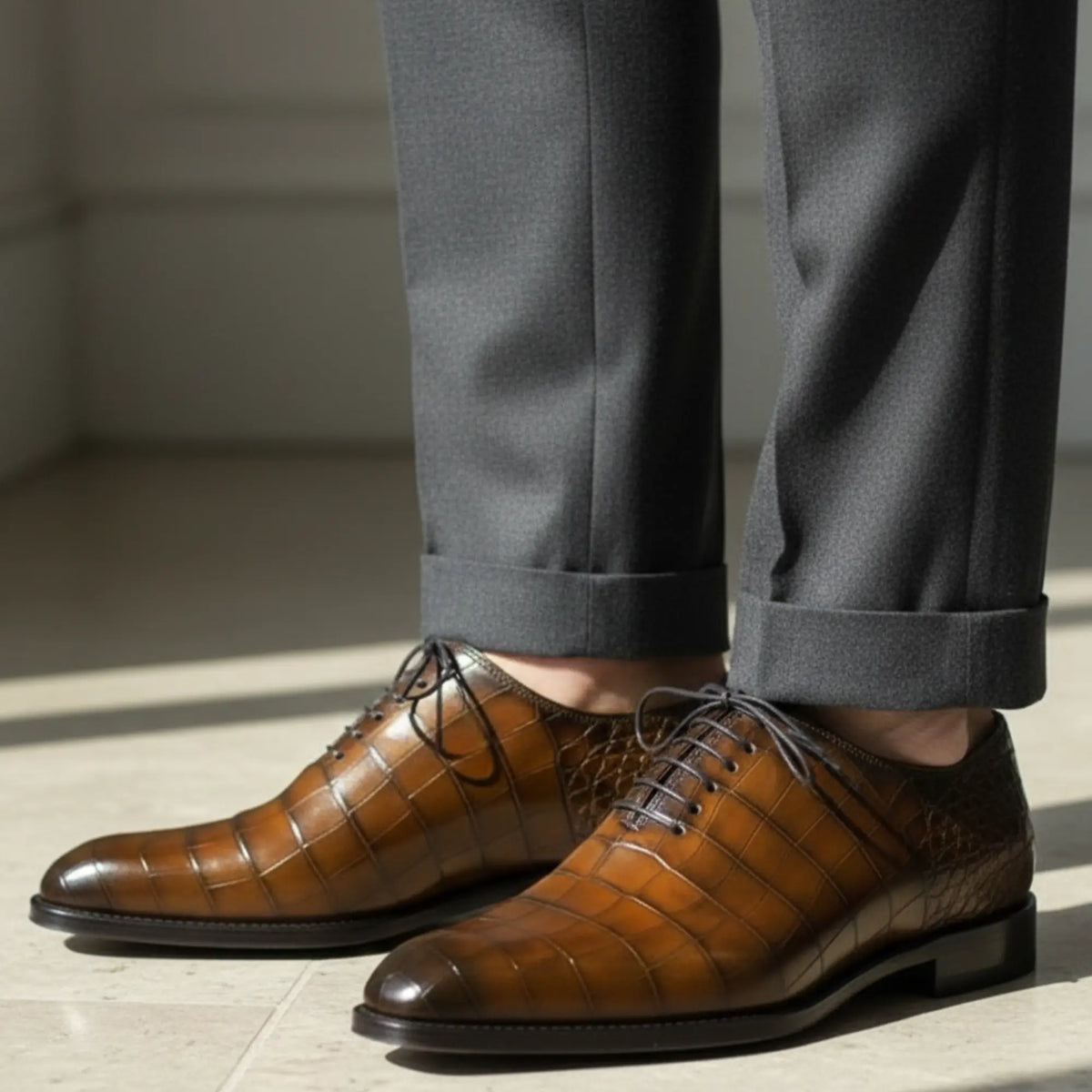 Brown Alligator Leather Formal Lace Up Shoes for Men | Marcello Sarto