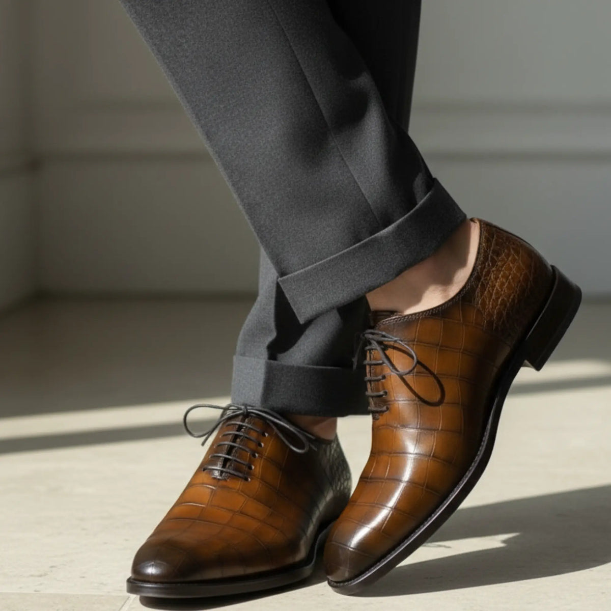Brown Alligator Leather Formal Lace Up Shoes for Men | Marcello Sarto