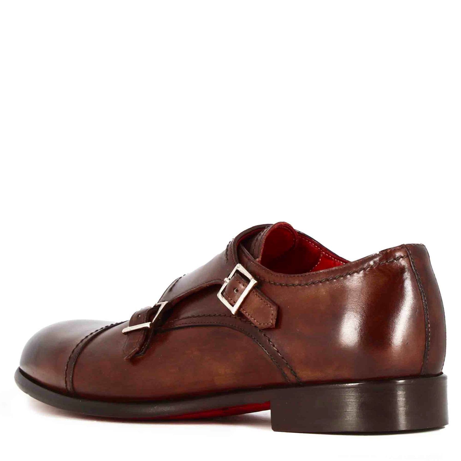 Italian shoe with double buckle for men in light brown suede